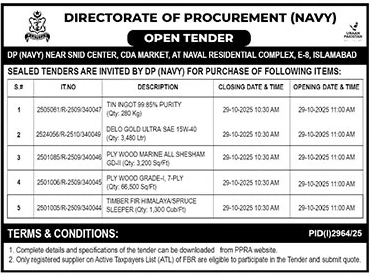 Pakistan Navy Islamabad Tender Notice